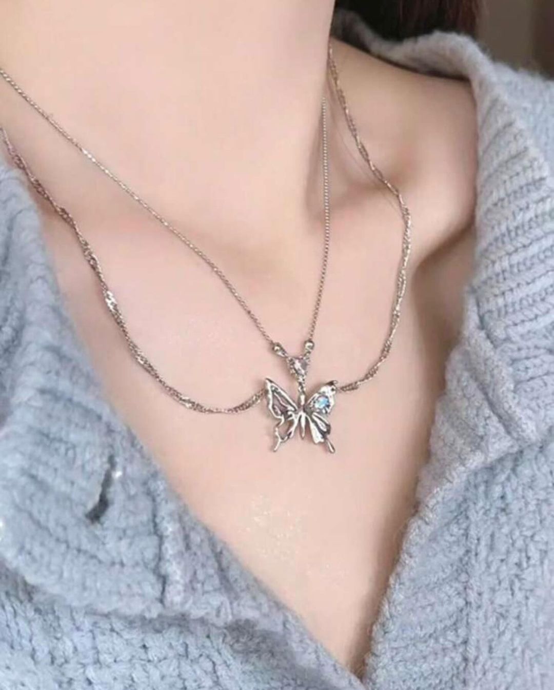 Crystal Butterfly Embossed Chain Necklace