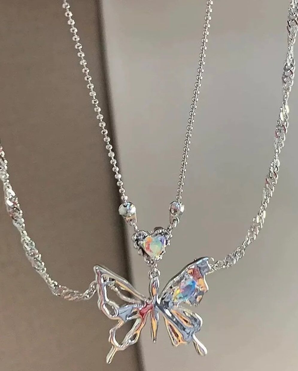 Crystal Butterfly Embossed Chain Necklace