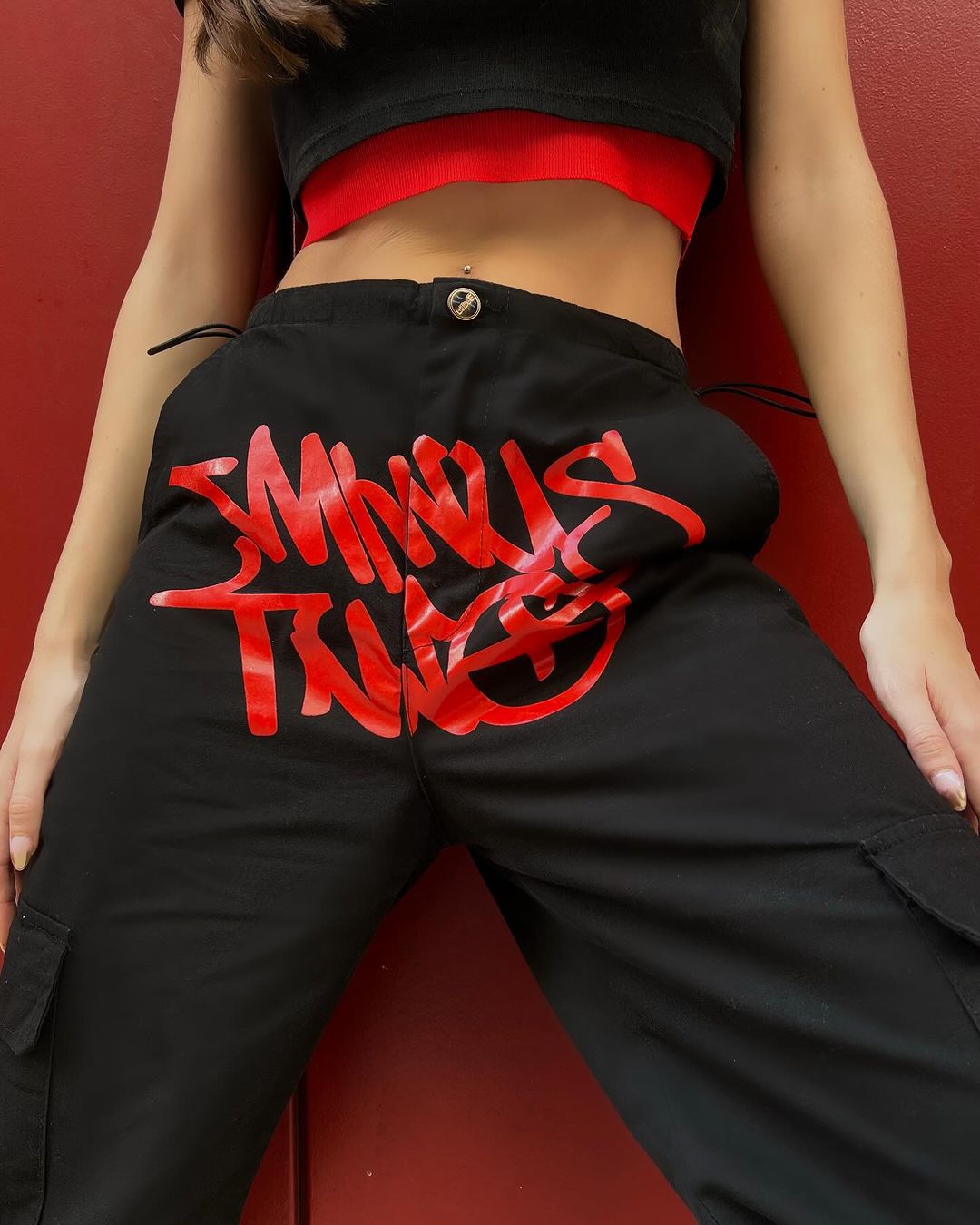 Black Red Minus Two Cargo Pocket Elastic Trousers