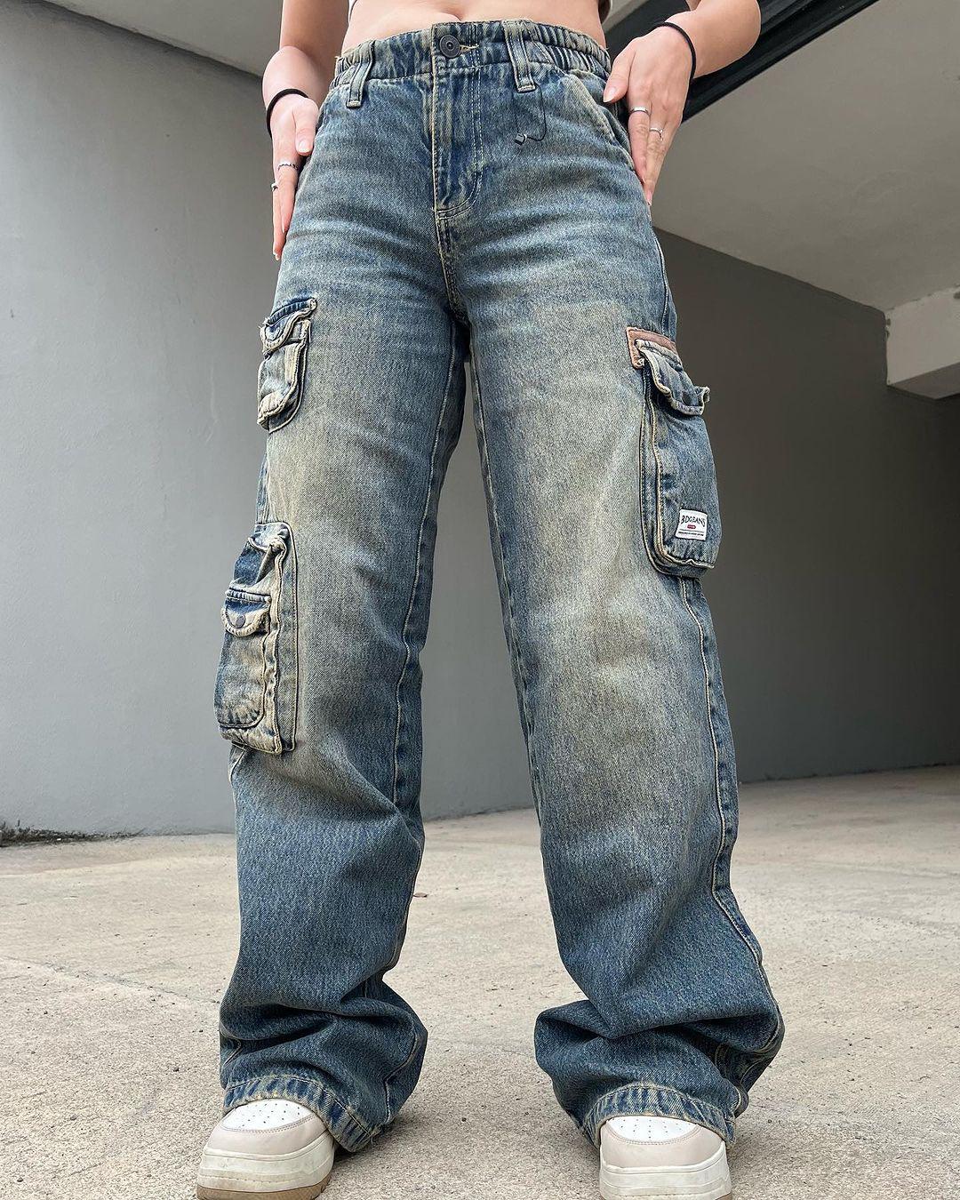 High Waist Wide Leg Cargo Pocket Jeans