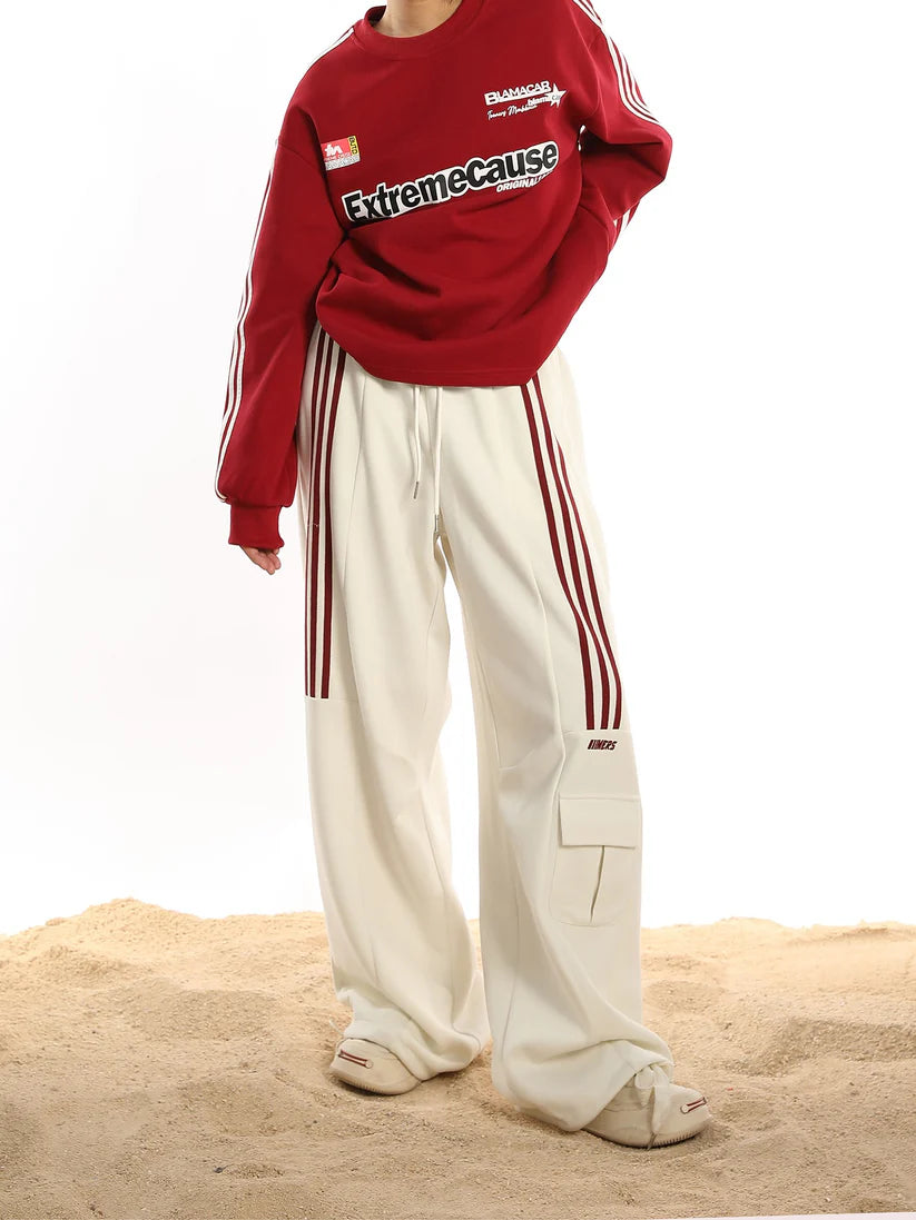 Women's Casual Cargo Vintage Loose Drape Trousers with Striped Elastic Waist Pants