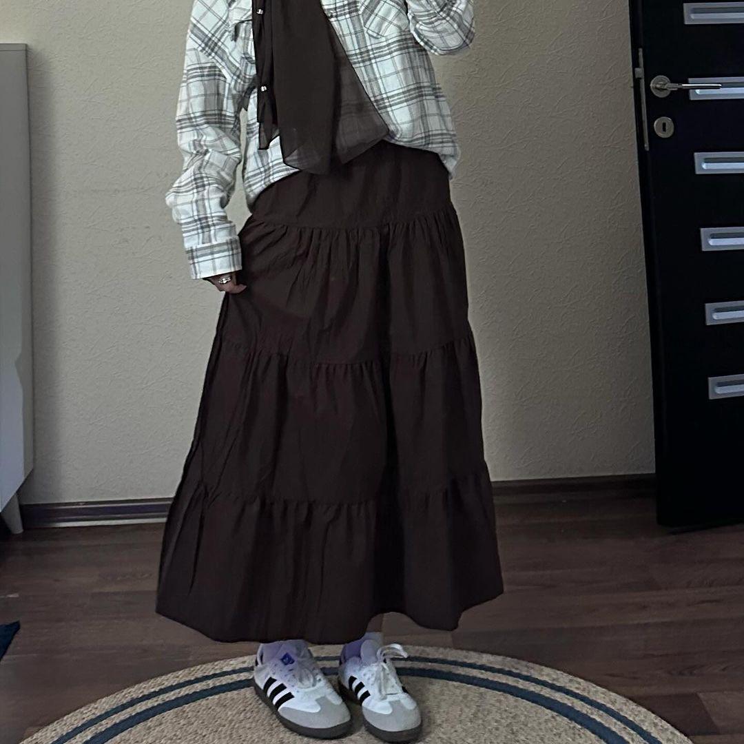 Brown Long Skirt with Elastic Waist