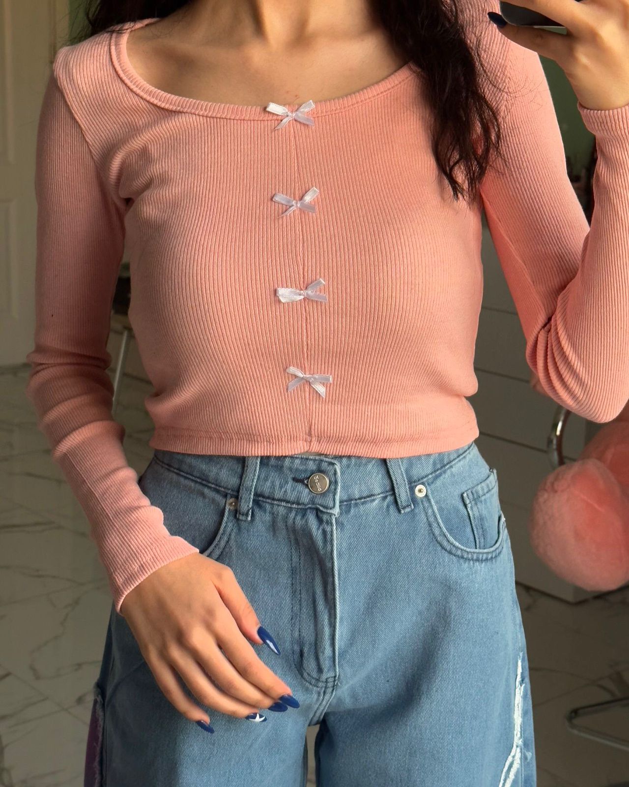 Blue Vintage Pink Butterfly Wash Jeans