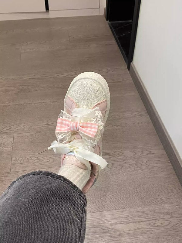 White powder Collection send pink bow + pink butterfly tie Original Chunky Sole White Shoe