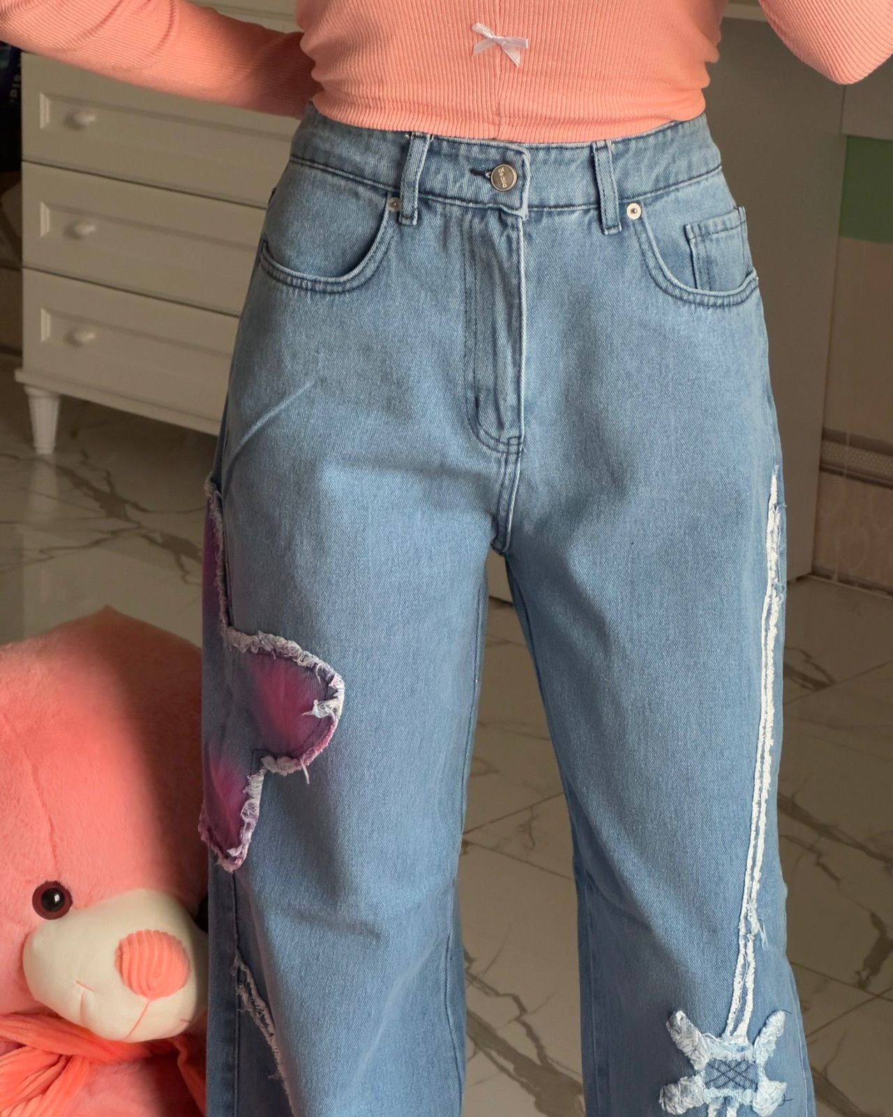 Blue Vintage Pink Butterfly Wash Jeans