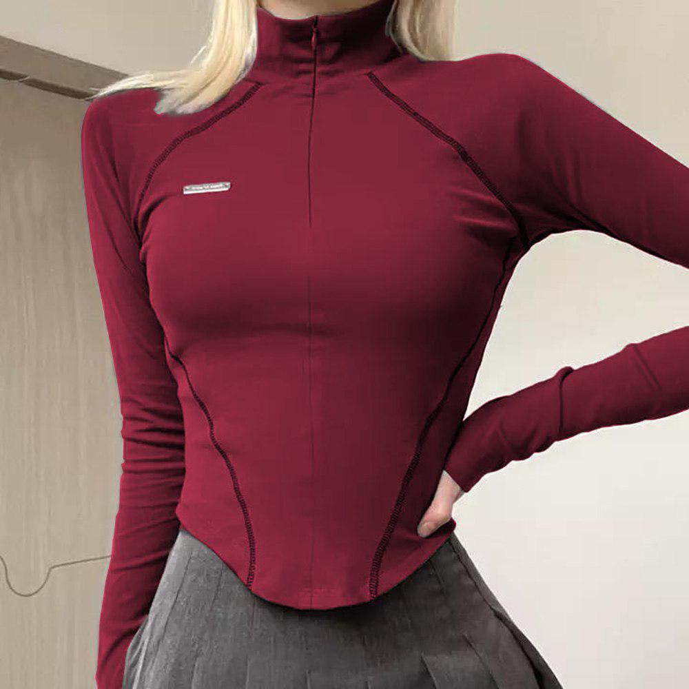 Burgundy Zipper Corset Cut Long Sleeve Crop
