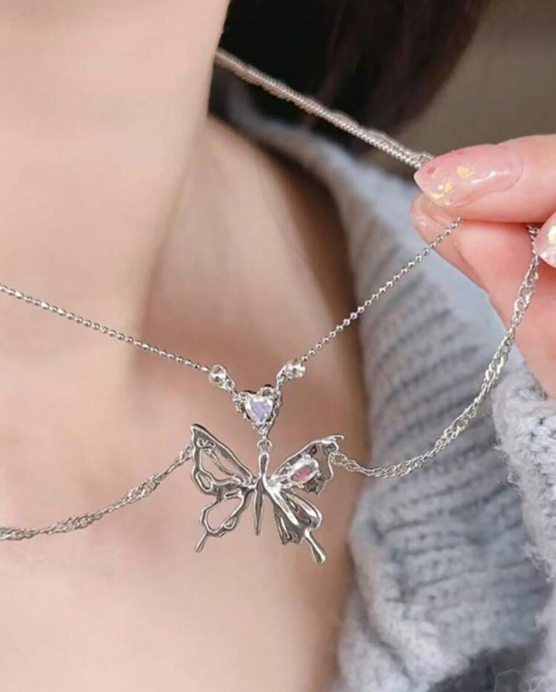 Crystal Butterfly Embossed Chain Necklace