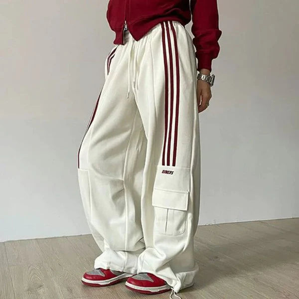 Women's Casual Cargo Vintage Loose Drape Trousers with Striped Elastic Waist Pants