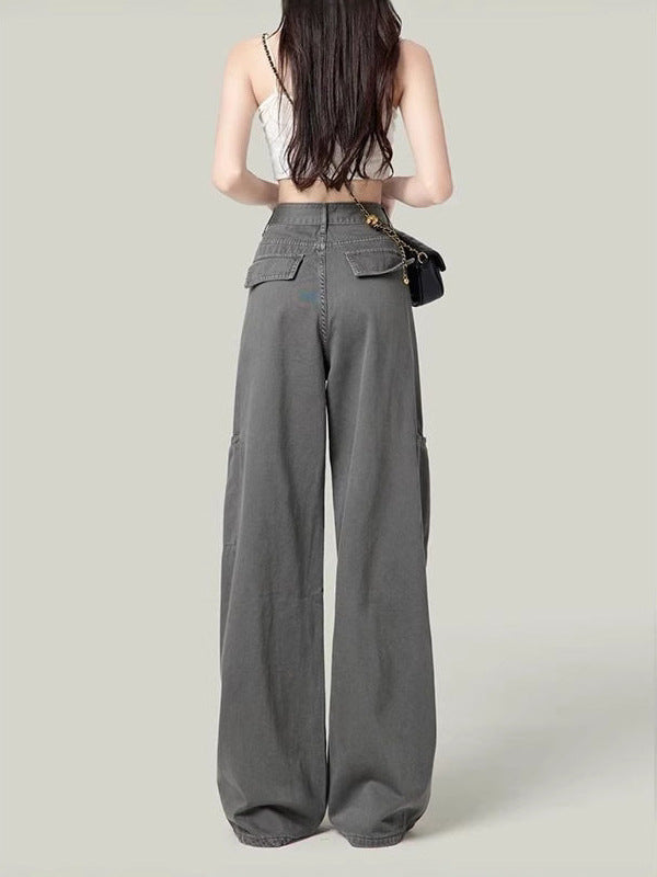 American lazy style pure gray jeans