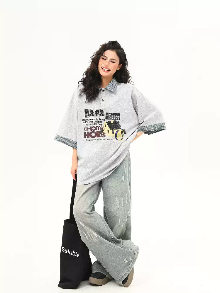 American grey style letter print splicing fake two-piece lapel short-sleeved T-shirt