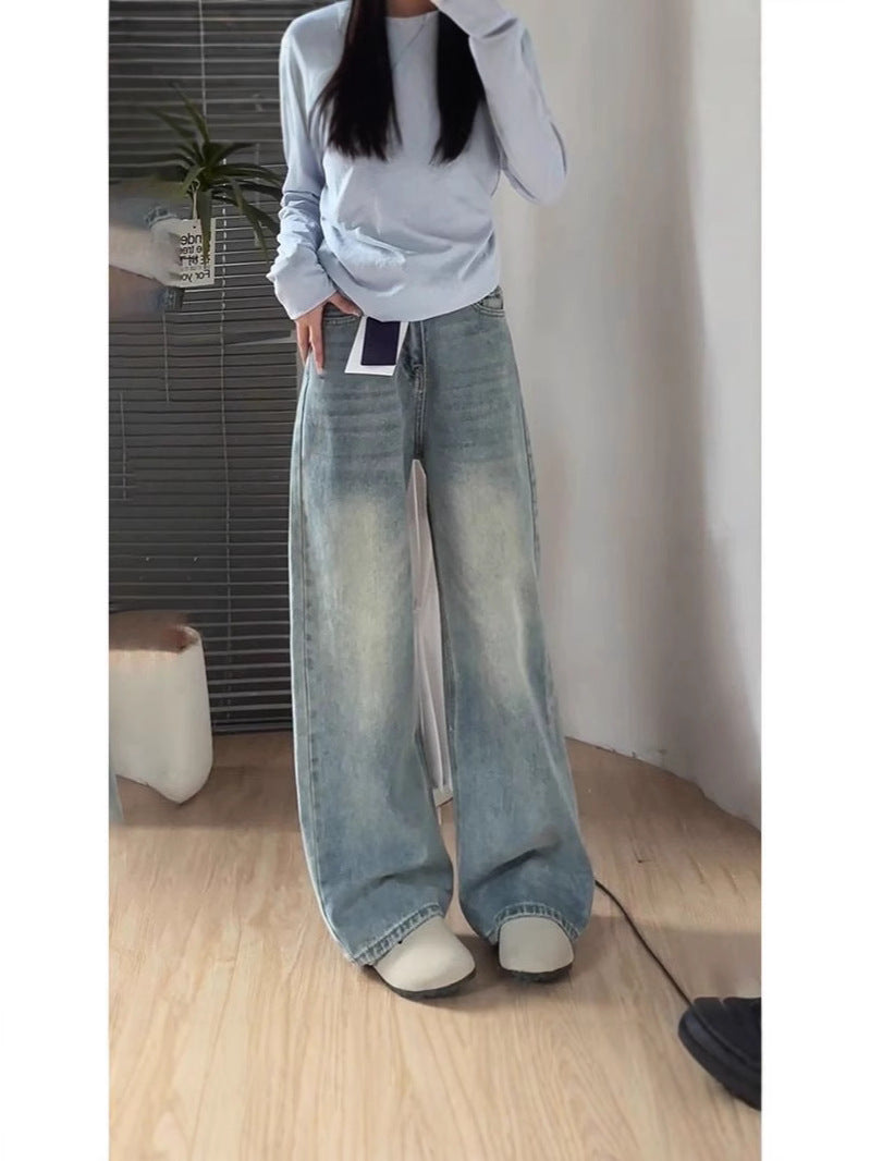 American retro classic style washed wide leg jeans