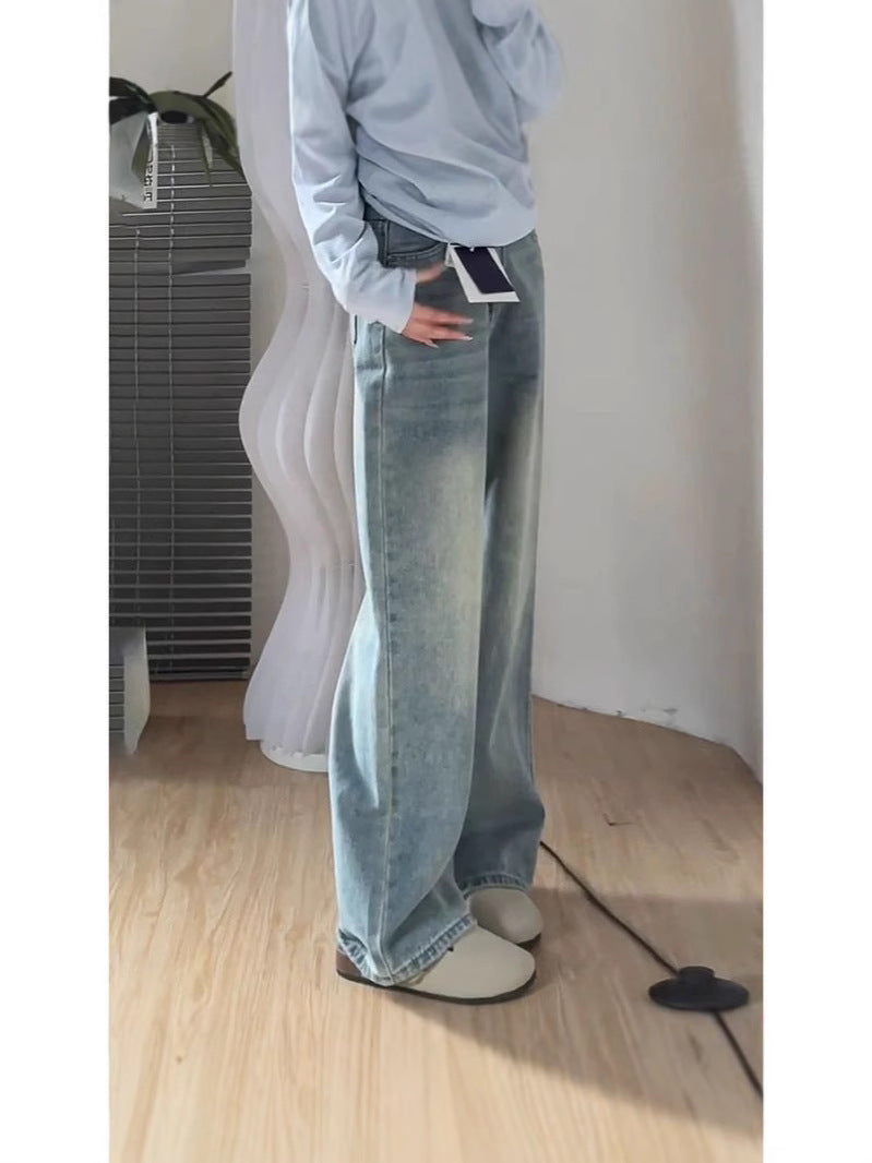American retro classic style washed wide leg jeans