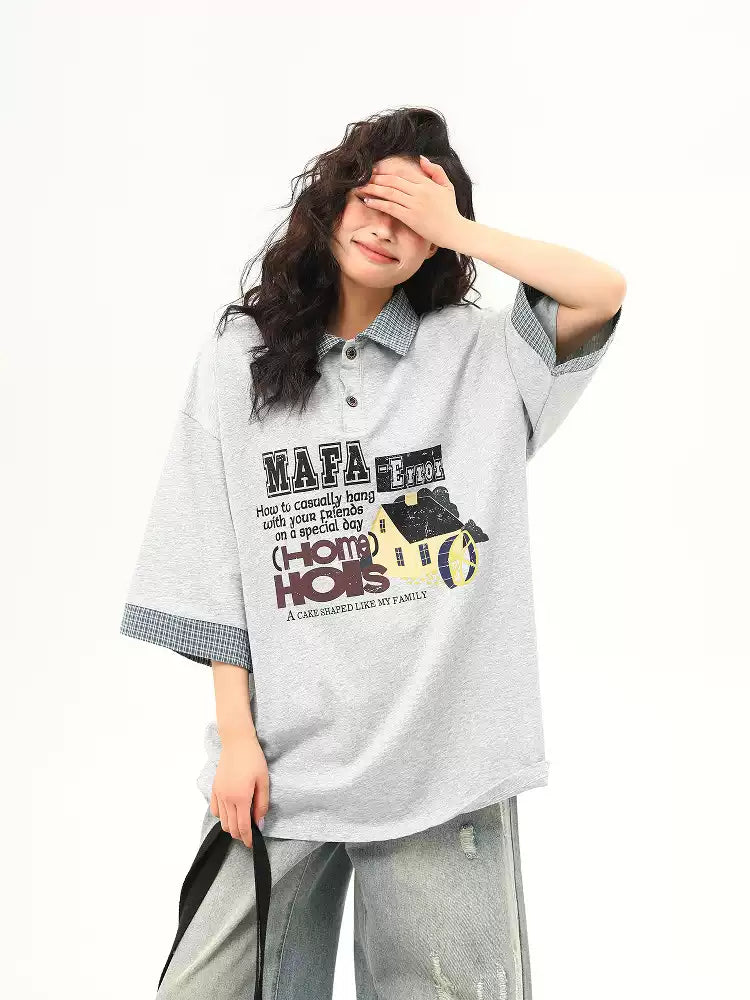 American grey style letter print splicing fake two-piece lapel short-sleeved T-shirt