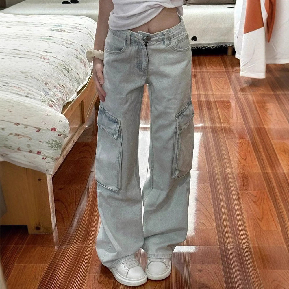 style light color overalls women new hot girl high waist loose slim straight jeans