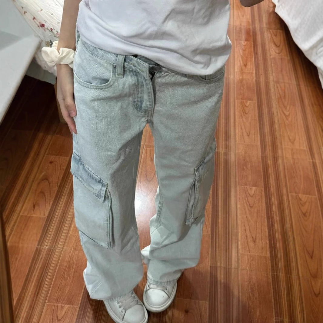 style light color overalls women new hot girl high waist loose slim straight jeans
