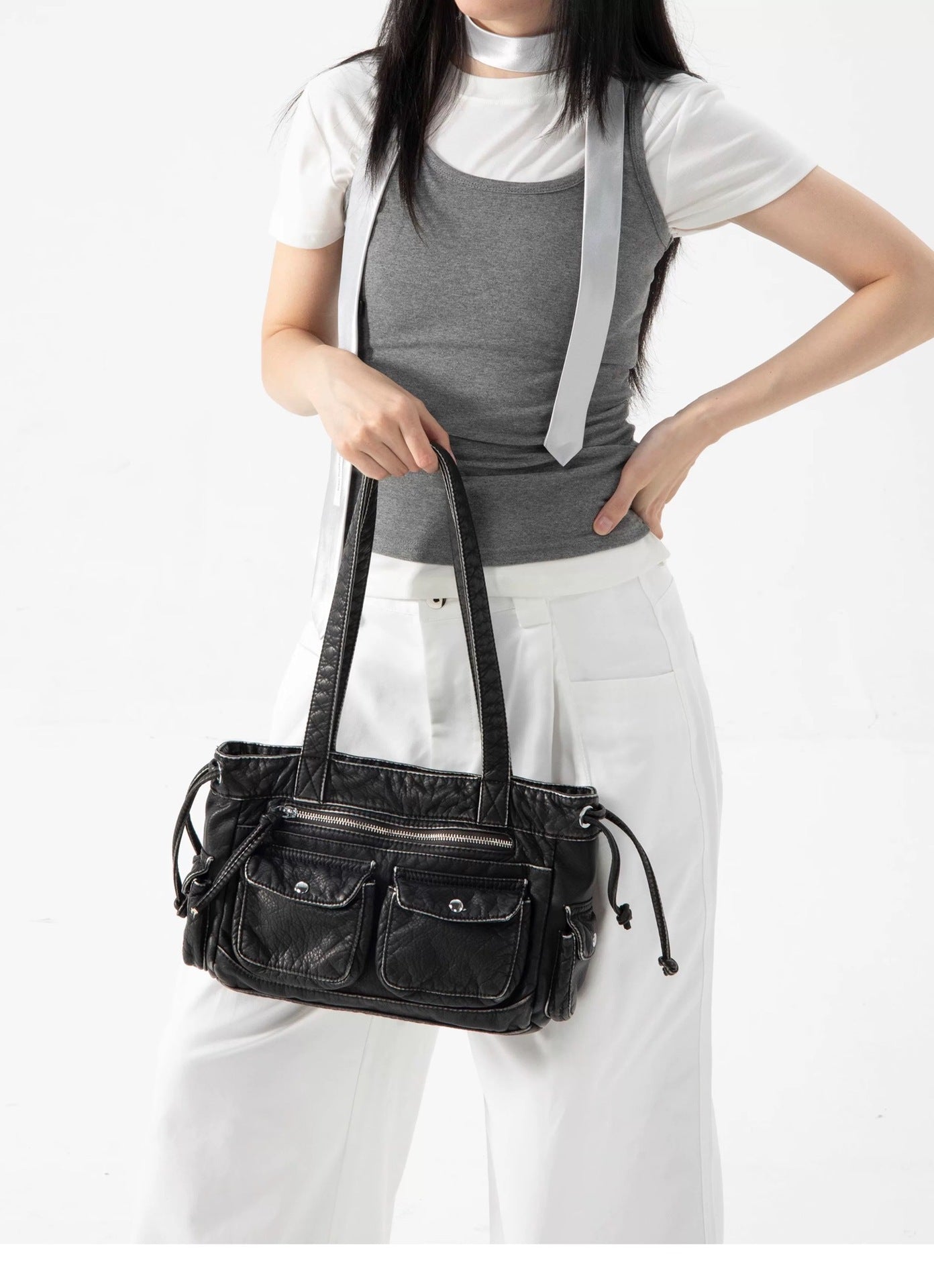 Washed gradient multi-pocket large shoulder bag