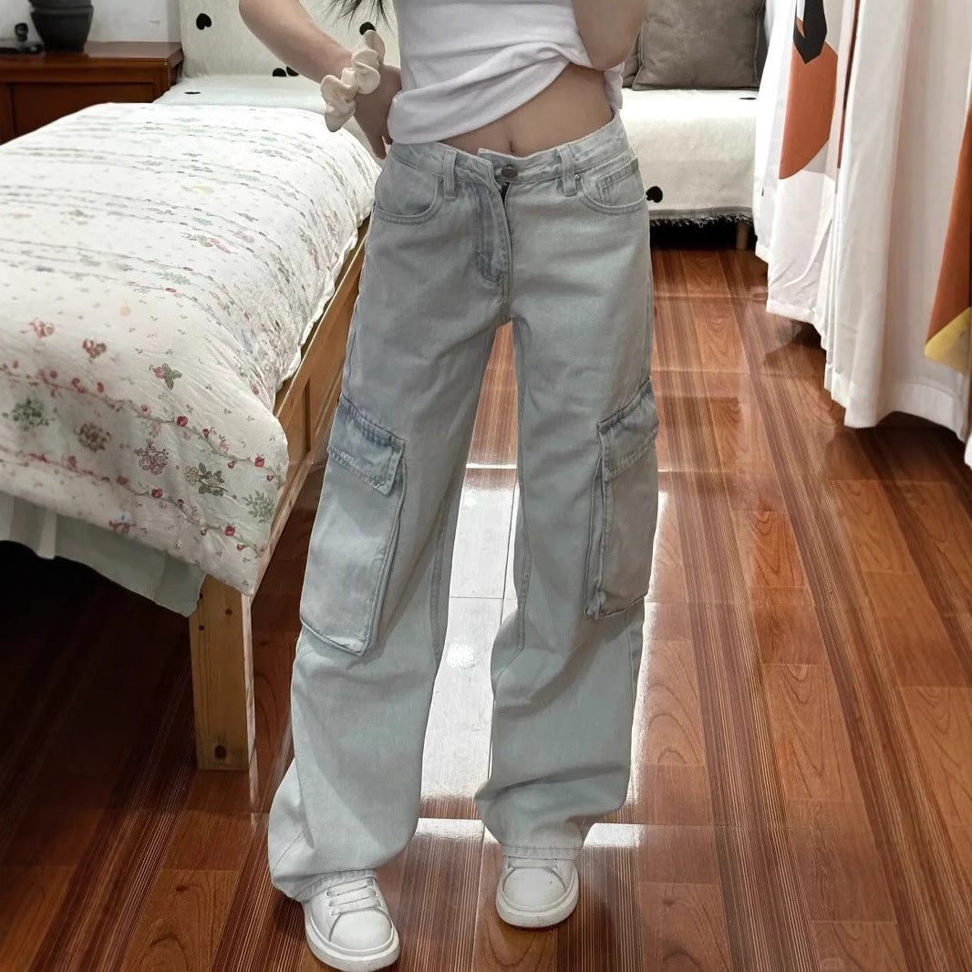 style light color overalls women new hot girl high waist loose slim straight jeans