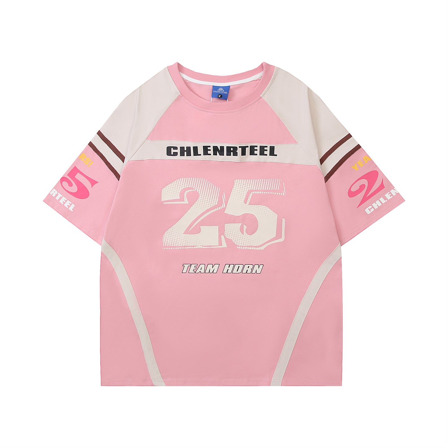 American pink letter print splicing short-sleeved T-shirt