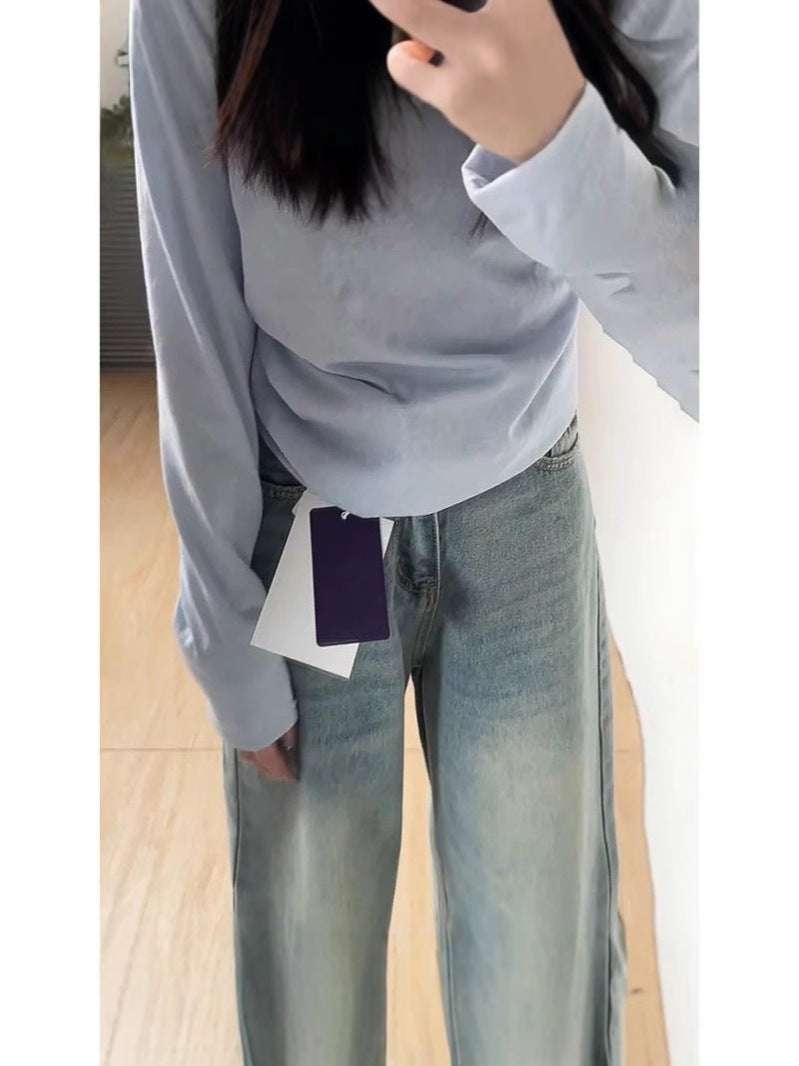 American retro classic style washed wide leg jeans