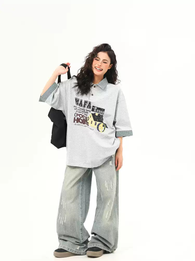 American grey style letter print splicing fake two-piece lapel short-sleeved T-shirt