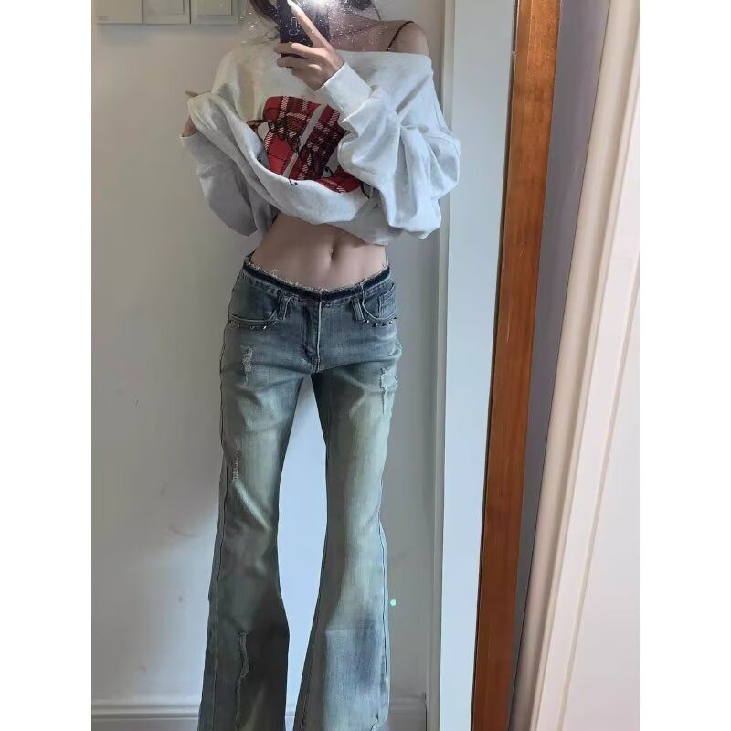 raw-edge flared jeans for women mopping the American light colored rivet horseshoe pants