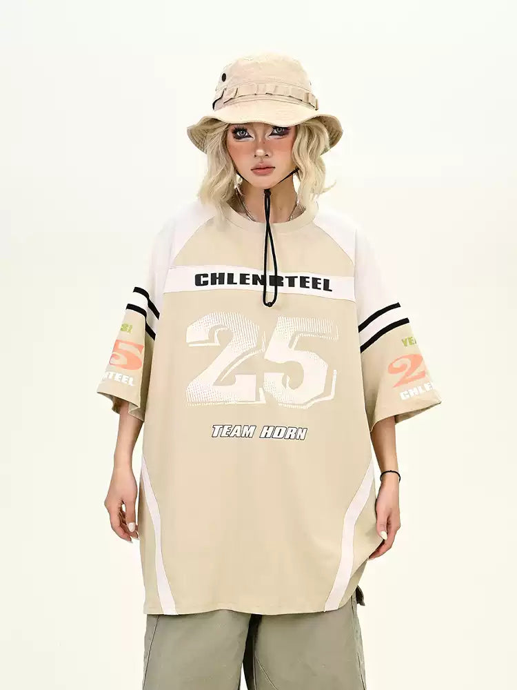 American beige letter print splicing short-sleeved T-shirt