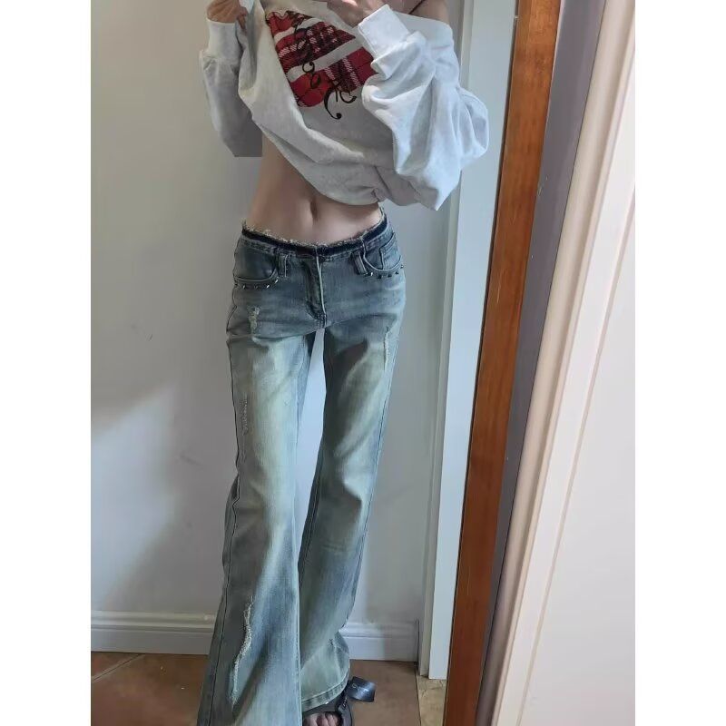 raw-edge flared jeans for women mopping the American light colored rivet horseshoe pants