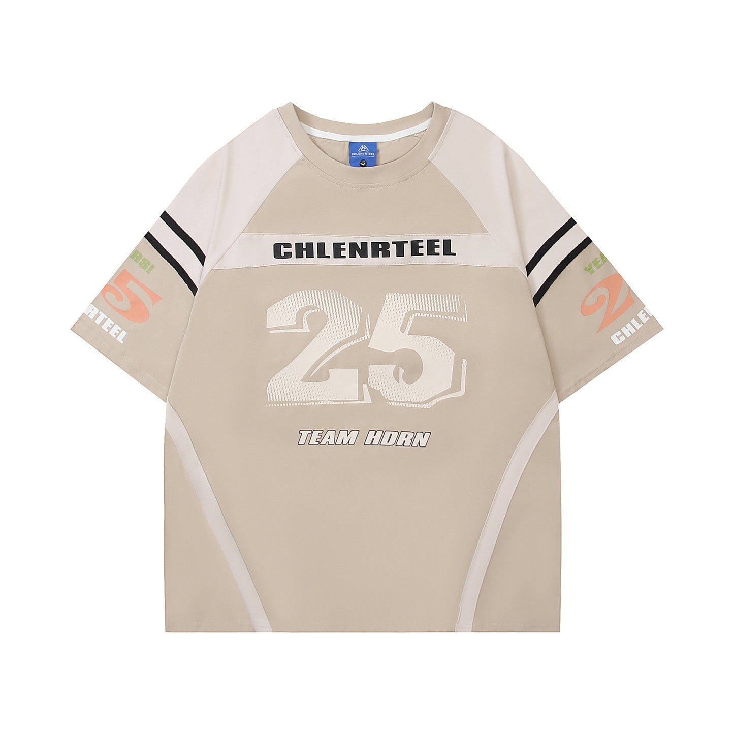 American beige letter print splicing short-sleeved T-shirt