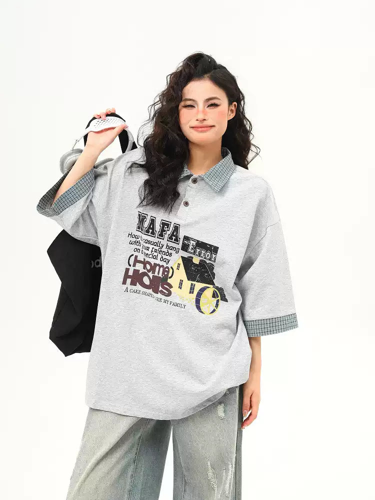 American grey style letter print splicing fake two-piece lapel short-sleeved T-shirt