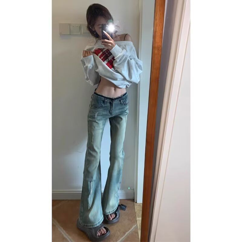 raw-edge flared jeans for women mopping the American light colored rivet horseshoe pants