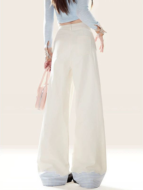 Light blue plaid bow tie stitching jeans for women sweet white jeans