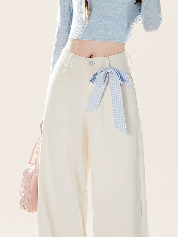 Light blue plaid bow tie stitching jeans for women sweet white jeans