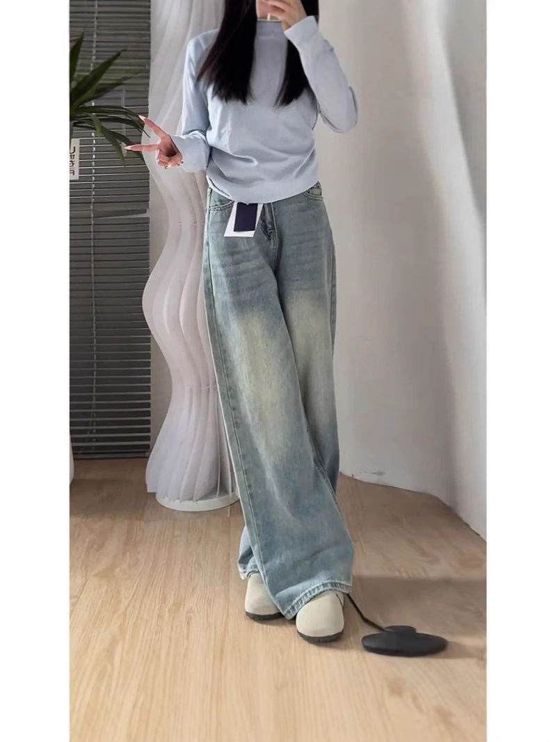 American retro classic style washed wide leg jeans