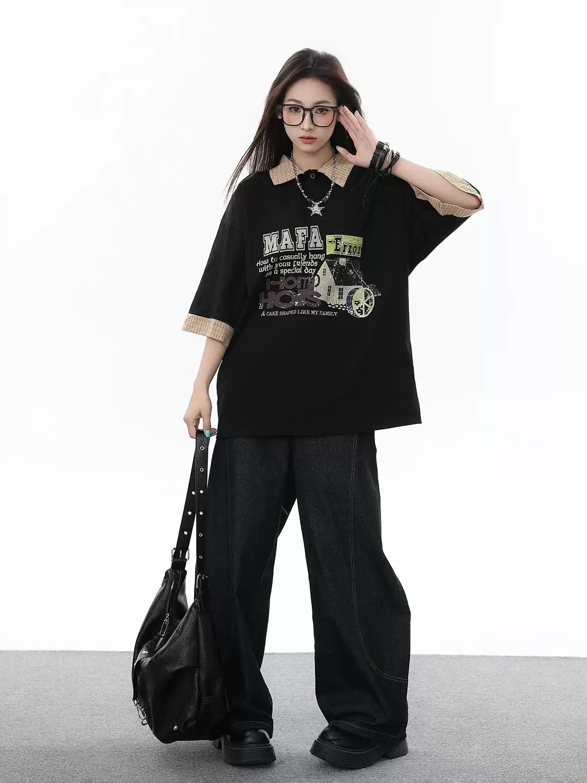 American grey style letter print splicing fake two-piece lapel short-sleeved T-shirt