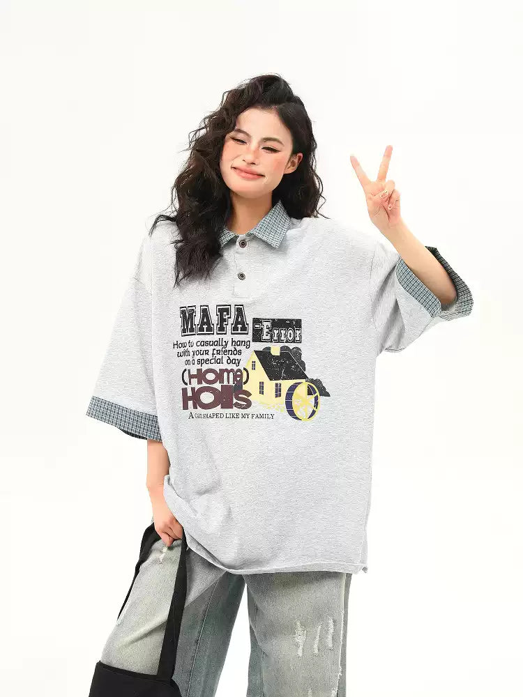 American grey style letter print splicing fake two-piece lapel short-sleeved T-shirt