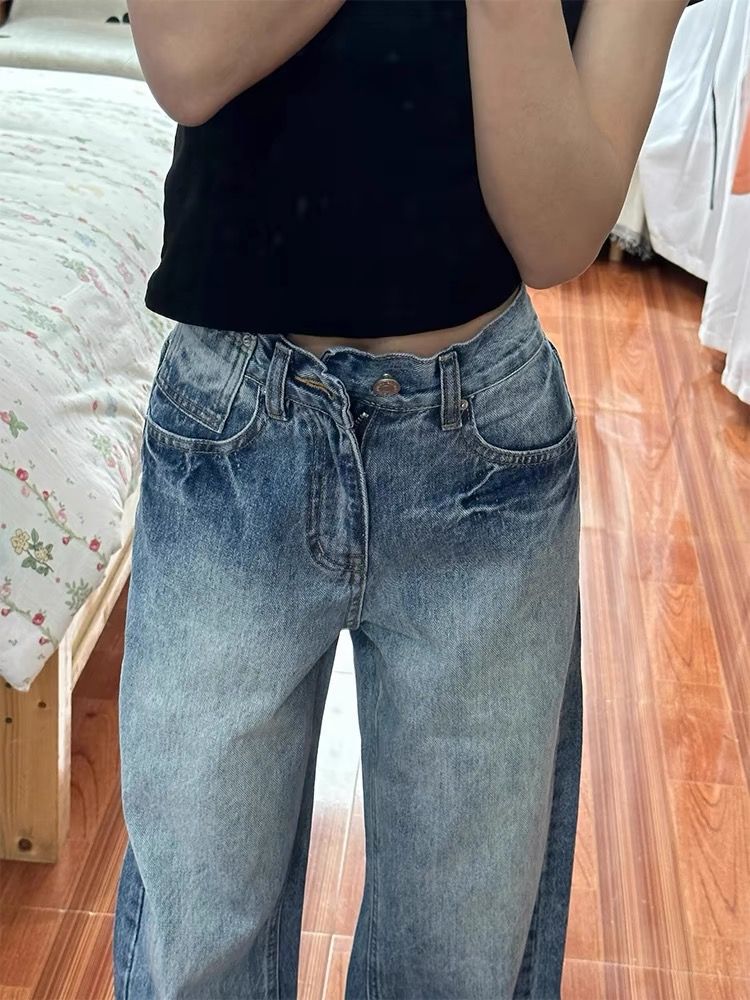 American retro classic style washed lightning mark wide leg jeans