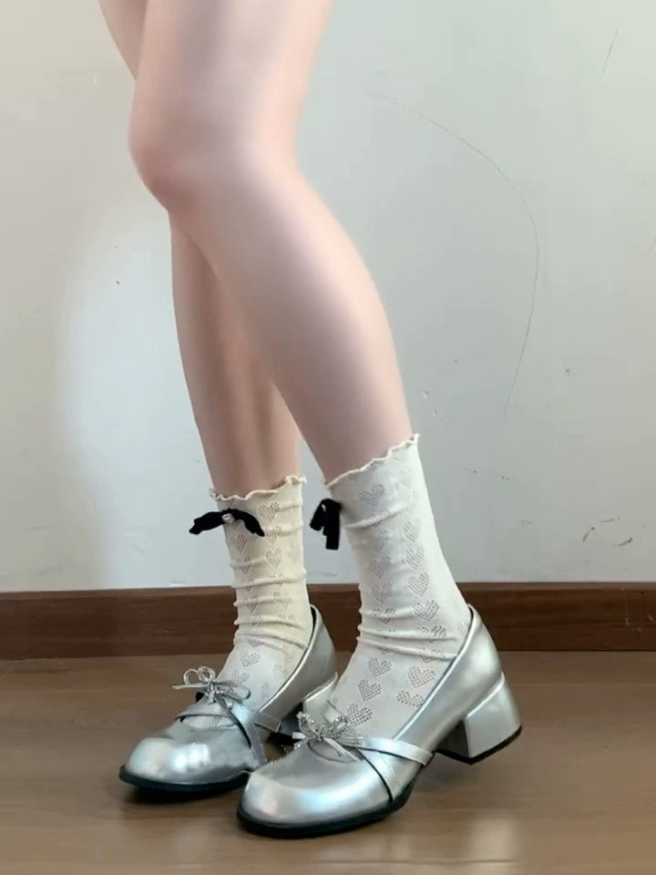 Retro Silver round toe small leather shoes shallow mouth bow knot medium thick heel shoes