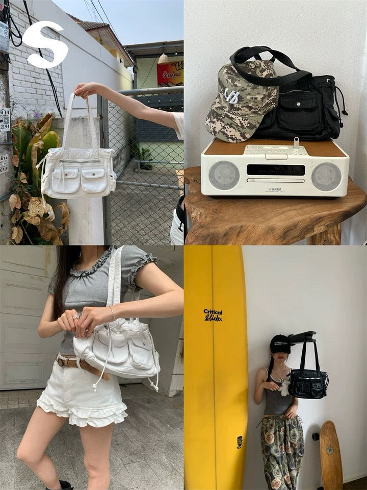 Washed gradient multi-pocket large shoulder bag