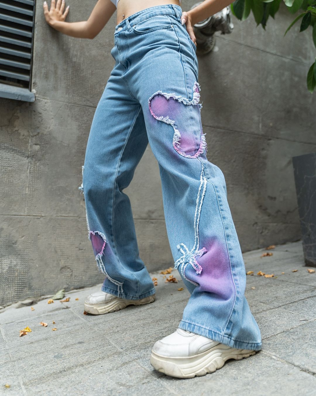 Blue Vintage Pink Butterfly Wash Jeans