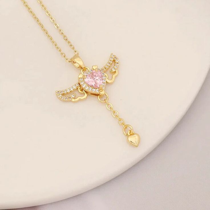 Gold Mini Heart Pendant Winged Heart Necklace