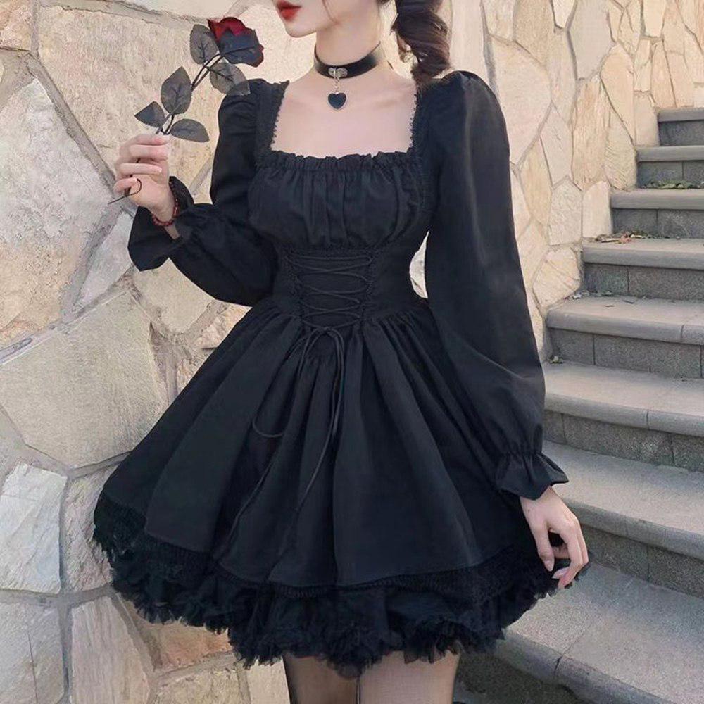 Black Balloon Long Sleeve Gothic Lace Detailed Dress – LILIX-SHOP