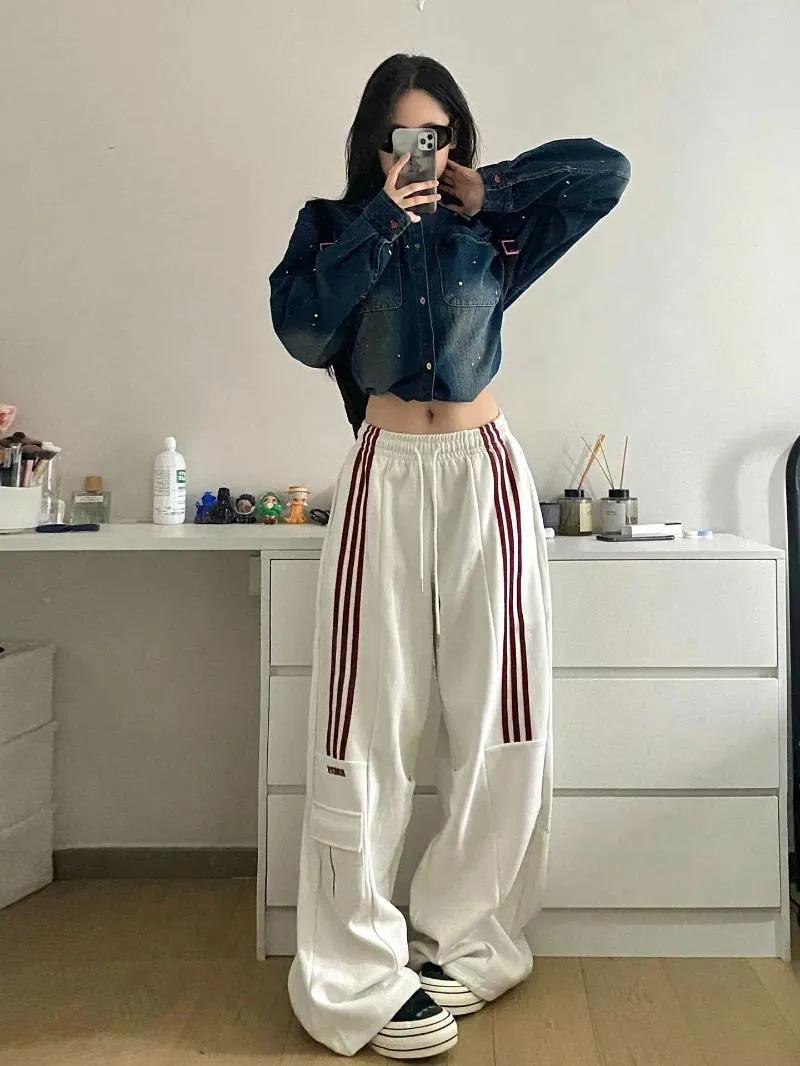 Women's Casual Cargo Vintage Loose Drape Trousers with Striped Elastic Waist Pants