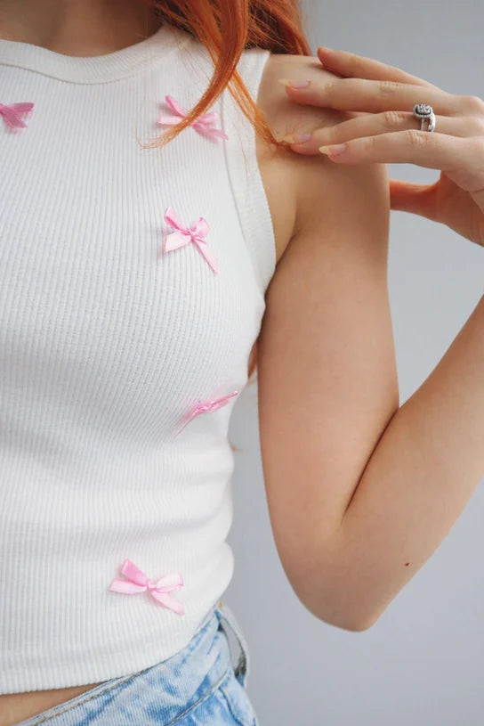 Pink Bow Pembe Kurdele Crop