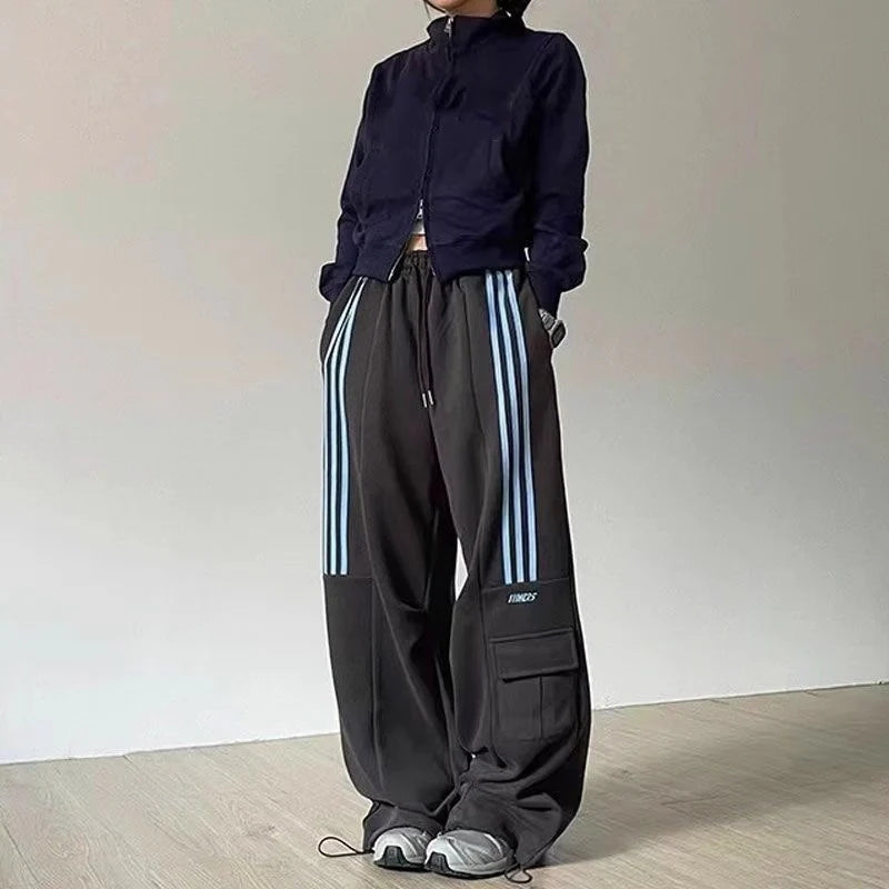 Women's Casual Cargo Vintage Loose Drape Trousers with Striped Elastic Waist Pants