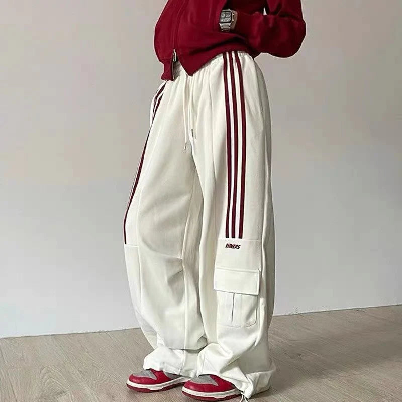 Women's Casual Cargo Vintage Loose Drape Trousers with Striped Elastic Waist Pants