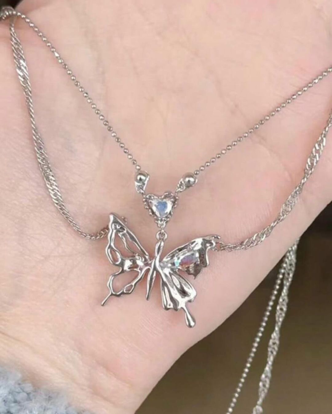 Crystal Butterfly Embossed Chain Necklace
