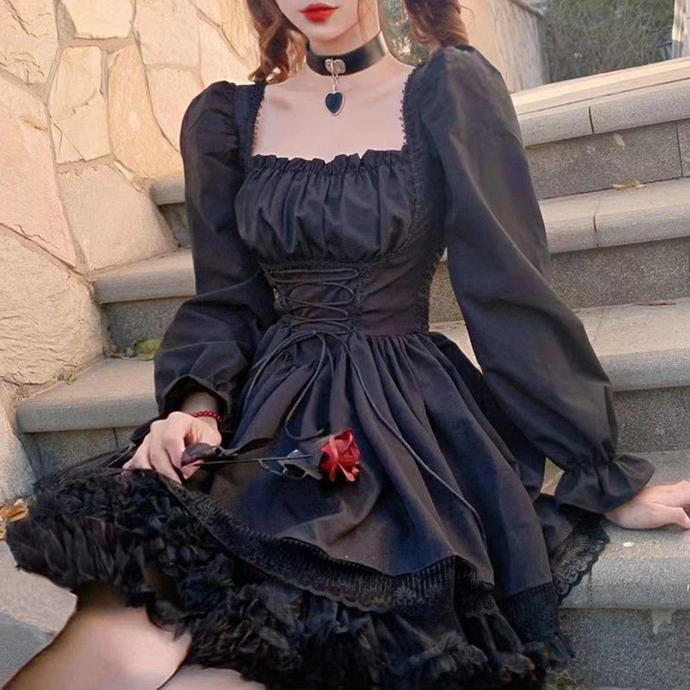Black Balloon Long Sleeve Gothic Lace Detailed Dress