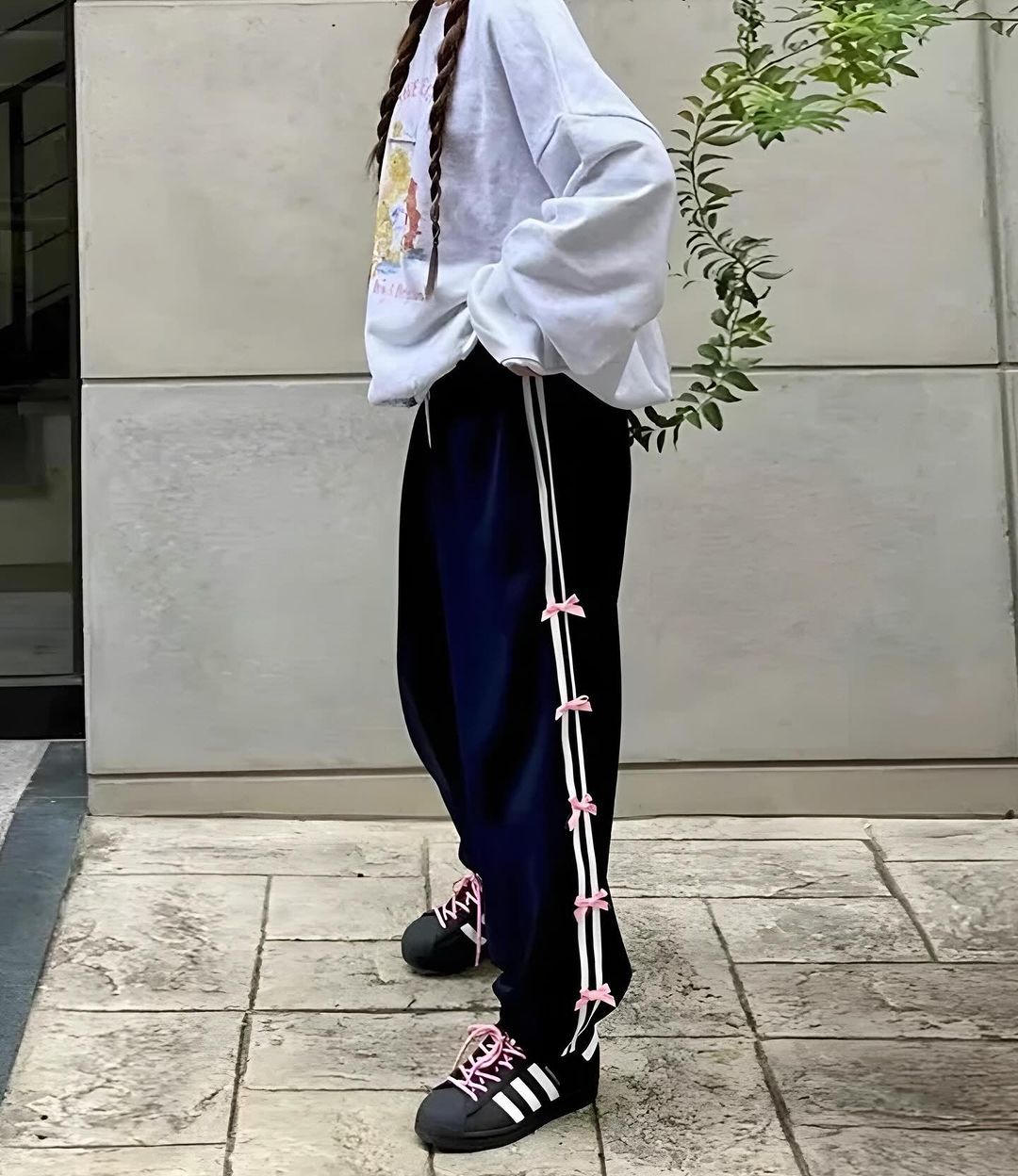 Navy Blue Coquette Bows Side Stripe Parachute Sweatpants