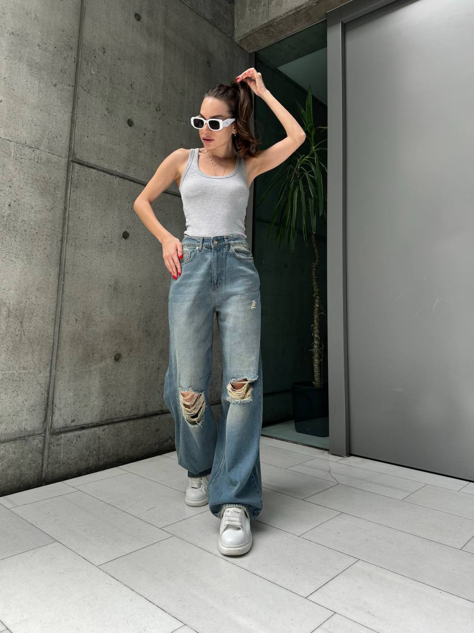 Light Blue Y2K Ripped Detailed Wide Leg Slit Jeans