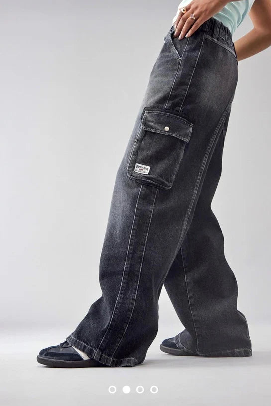 Smoked High Waist Wide Leg Cargo Pocket Jeans